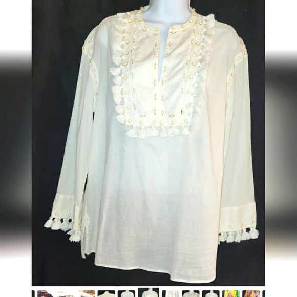 Tory Burch Ivory Cotton Boho Tunic w/Shells,Tassels & Embroidery Sz.XS Ret $225 - Picture 7 of 7